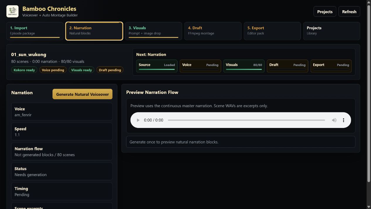 Local Kokoro narration interface with voice, speed, timing, and scene excerpt controls.