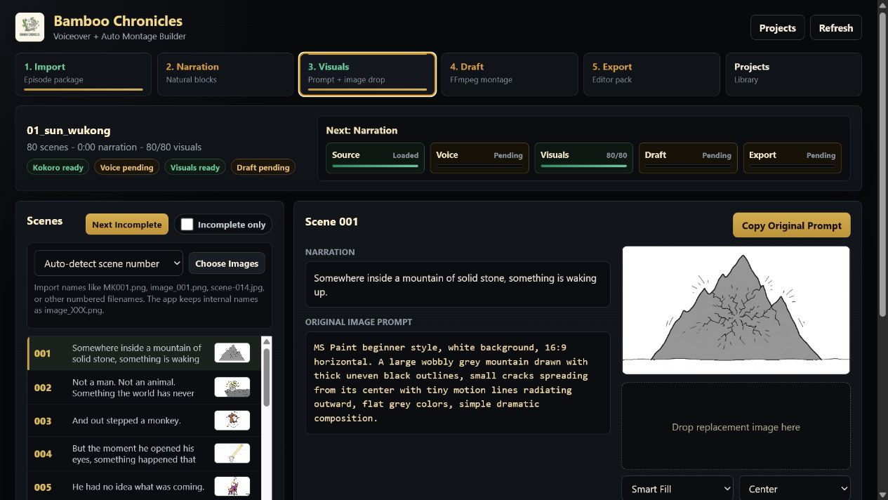 Scene management interface mapping narration prompts and images across an 80-scene project.