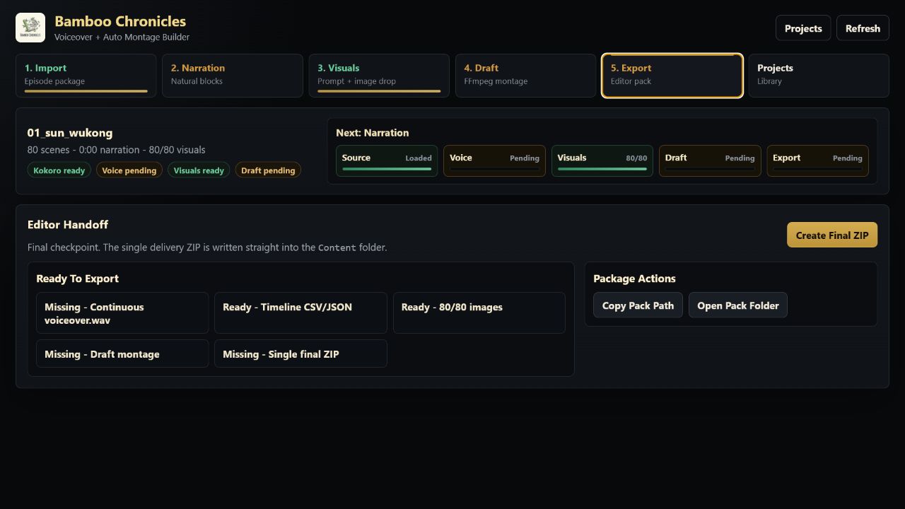 Editor handoff screen validating assets before creating the final delivery ZIP.