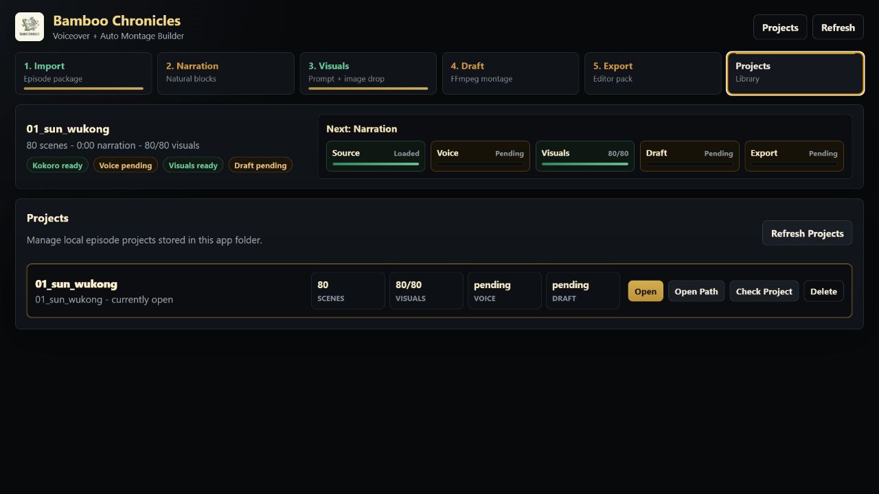 Local project library showing scene, visual, voice, and draft status.